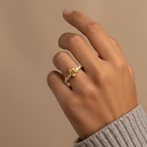 Gold Emerald-Cut Yellow Gemstone Ring with Accent Stones - Women Jewelry